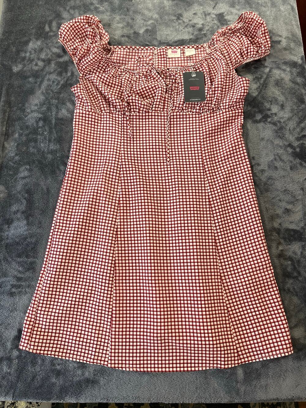 Levis NWT Red White Checkered Cap Sleeve Mini Dress Size Large Clementine Plaid